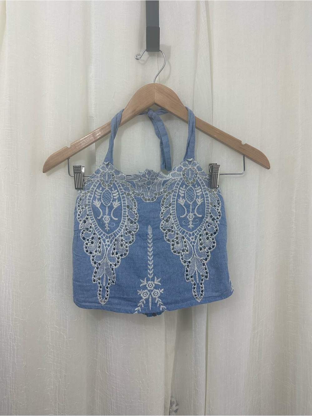 Festival Fairy Grunge Ooberswank Blue Embroidered Lace Cropped Halter Top Size S